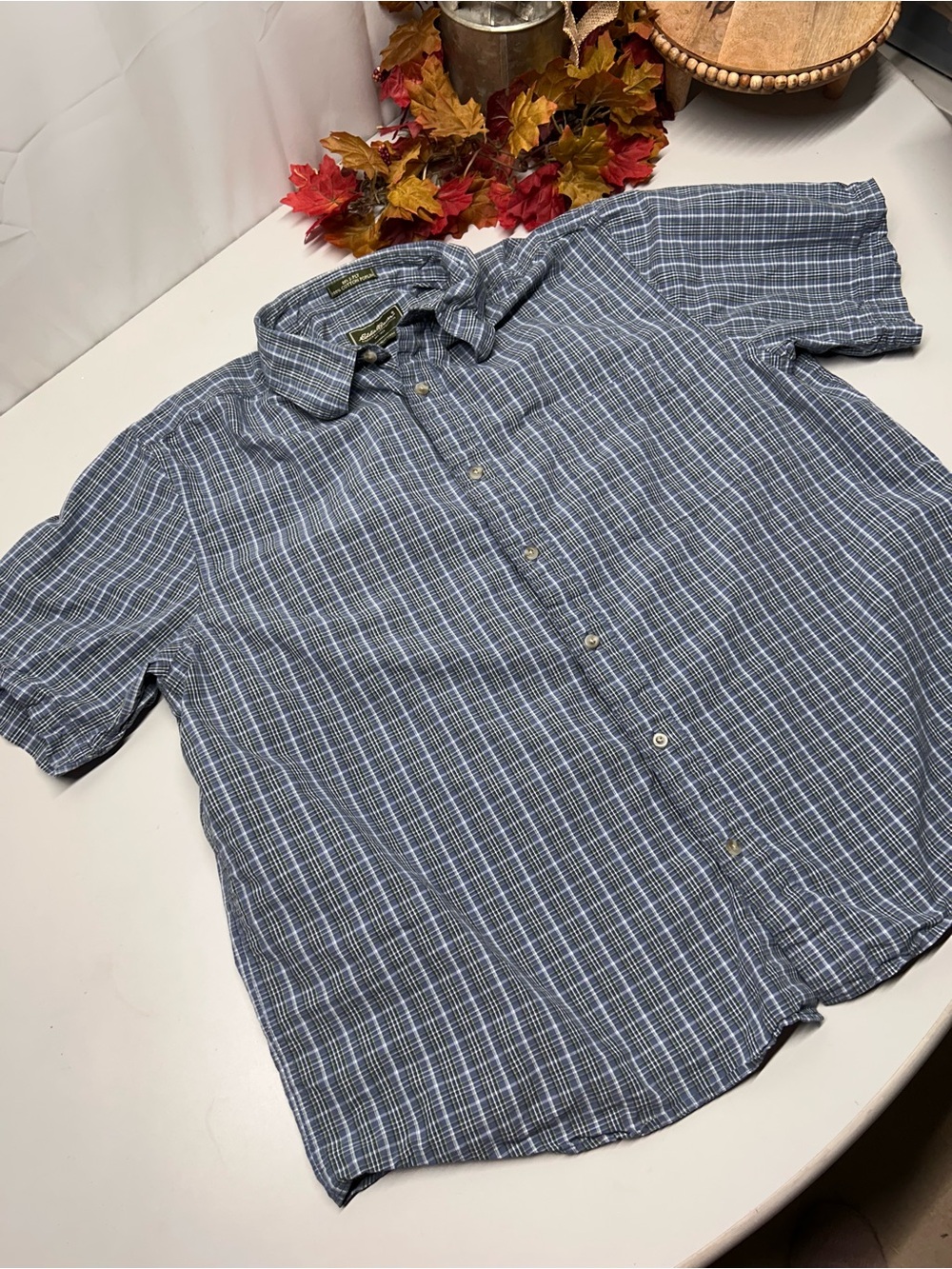 Eddie Bauer Blue Plaid Short-Sleeve Button-Down Shirt